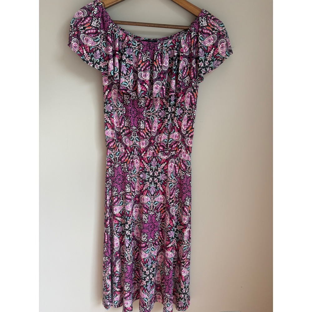 Verse Womens XS Pink Purple Paisley Off Shoulder Ruffle Midi Dress Made in USA